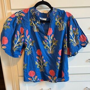 THML Blue Floral Puff Sleeve Top